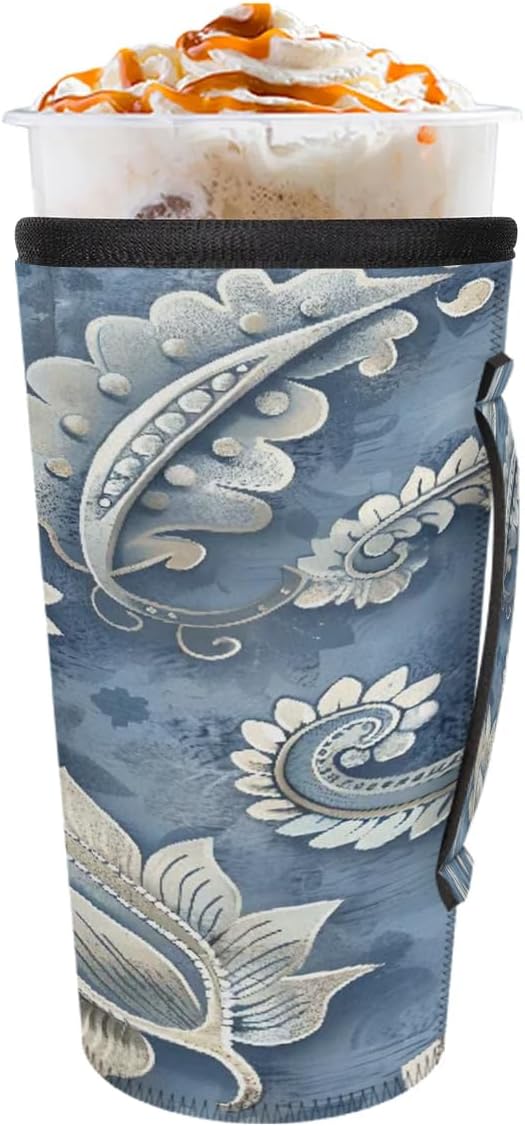 Reusable Iced Coffee Cup Sleeve Paisley Neoprene Insulated Sleeves Cup Holder with handle Idea for 24oz - 28oz