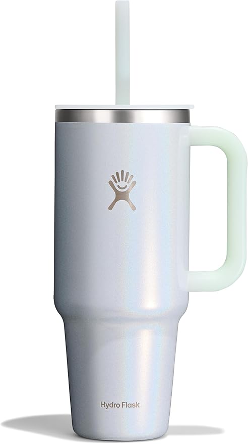 Hydro Flask Travel Tumbler with Handle, Lid and Straw - Insulated Stainless Steel in 40 Oz Glimmer Blue