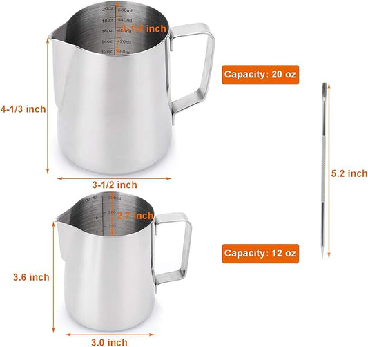 Nicunom 2 Pack Milk Frothing Pitcher, 12oz & 20oz Espresso Steaming Pitcher, Stainless Steel Milk Frother Steamer Cup, Perfect for Espresso Coffee Cappuccino Latte Art, Tick Mark Inside