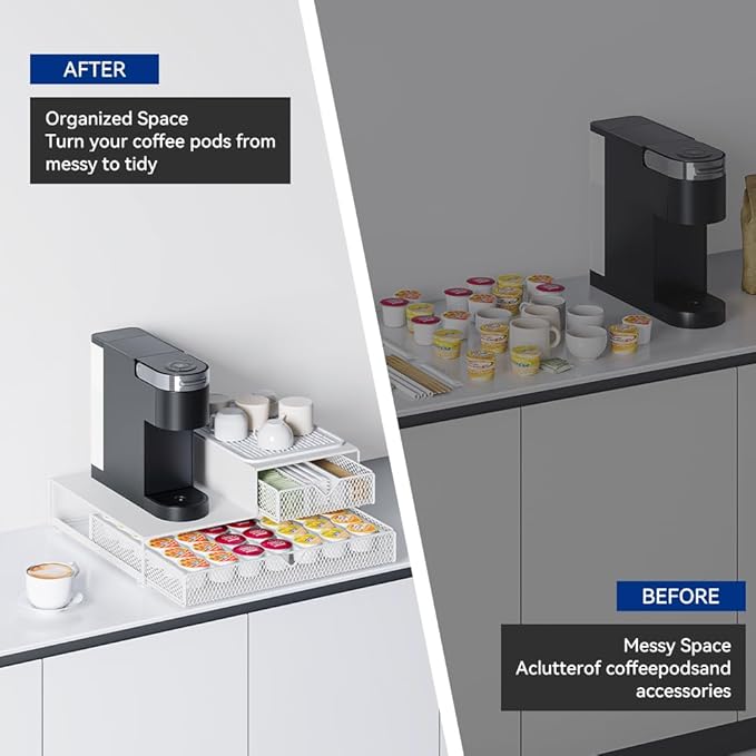 Coffee Maker Countertop Organizer,K Cup Pod Drawers,60 Coffee Capsule Pod Holder,Integrated Design Requires No Assembly.Slidng Storage Pod Baskets,K Cup holder,Silicone Drink Coasters
