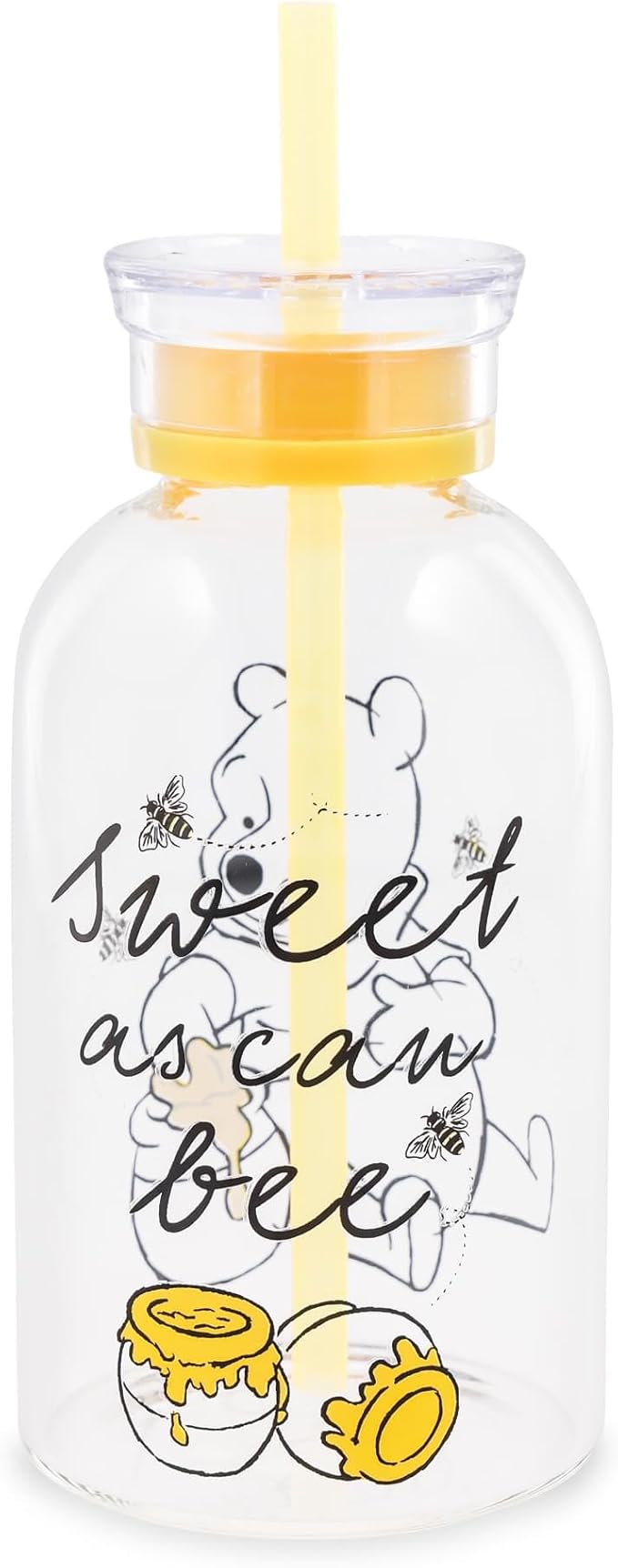 Silver Buffalo Disney Winnie the Pooh Hunny Sweet As Can Bee Glass Milk Bottle with Straw, 15 Ounces