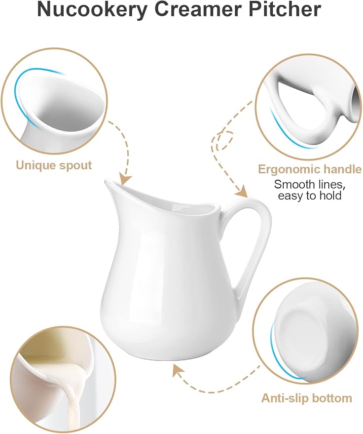 Nucookery 12 Oz Ceramic Creamer with Handle, White Coffee Milk Pitcher, Porcelain Creamer Container Holder For Sauces Salad Coffee Milk, Microwave & Freezer Safe (12-Ounce, Set/1)