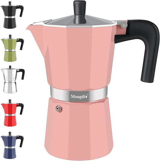 Mongdio Stovetop Espresso Maker Moka Pot, Stove Top Cuban Coffee Maker, Italian Greca Mocha Pot, 12 Espresso Cups, 20 oz - Pink