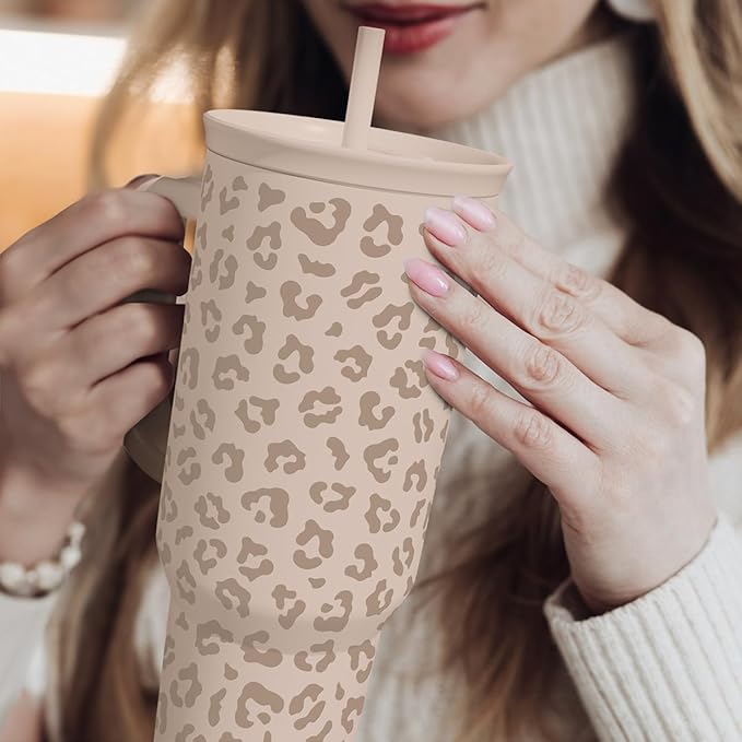 Leopard Tumbler with Handle, Insulated Cup Stainless Steel Travel Mug Cup, Gifts for Women Girl on Birthday Christmas, Tan Leopard, 40oz