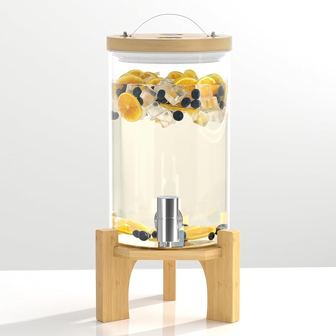 VOVUVK 1.2 Gallon Glass Drink Dispenser For Parties, Beverage Dispenser With Bamboo Wood Stand And Stainless Steel Spigot, Countertop Water Dispenser, Lemonade Dispenser For Wedding, Picnic (1PACK)