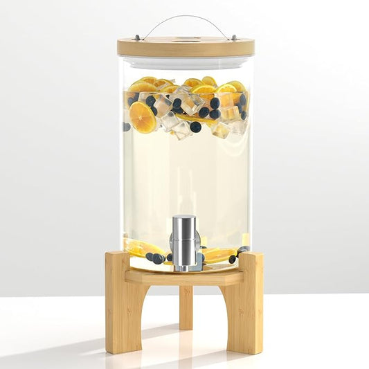 VOVUVK 1.2 Gallon Glass Drink Dispenser For Parties, Beverage Dispenser With Bamboo Wood Stand And Stainless Steel Spigot, Countertop Water Dispenser, Lemonade Dispenser For Wedding, Picnic (1PACK)