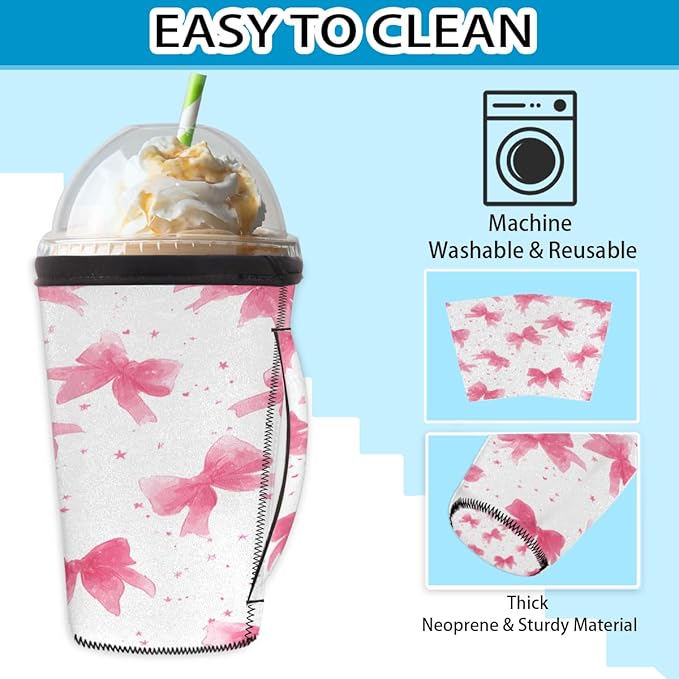 Pink Bows Reusable Coffee Sleeves Iced Coffee Cozy Insulator,Coquette Bow Neoprene Holder with Handle for Cold Coffee or Ice Drink, Large 30-32oz