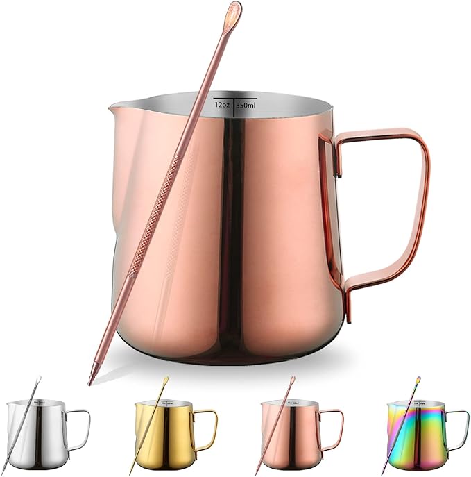 Milk Frothing Pitcher 12oz - 350ml, Kyraton Stainless Steel Espresso Steaming Pitchers with Decorating Pen,Milk Coffee Frother Cups Cappuccino Latte Art Barista Steam Pitchers Milk Jug Cup (Rose Gold)