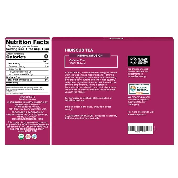 HANDPICK, Organic Hibiscus Tea Bags (100 Tea Bags) | Caffeine-Free, 100% Natural Pure Indian Hibiscus Flowers