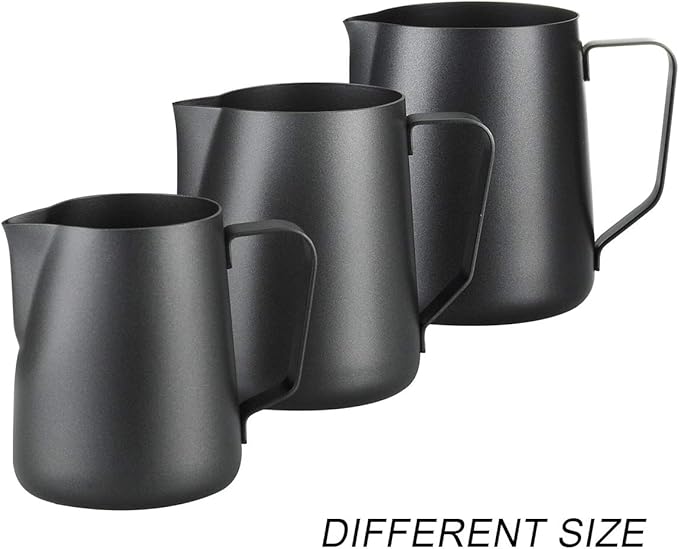 Espresso Milk Frothing Pitcher, 12 oz 20 oz, Stainless Steel Milk Jug Milk Frother Cup, Inner and outer coating, For Latte Art Coffee Machine Tool Steaming Pitcher(12 oz, Black)