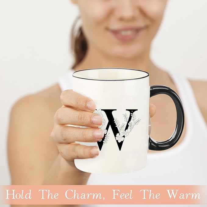 Monogram Ceramic Coffee Mugs, 11 oz Initial Drinking Cup with Gift Box, Unique Birthday Valentines Day Gifts for Women Wife Mothers Day Grandma Mom Aunt, W