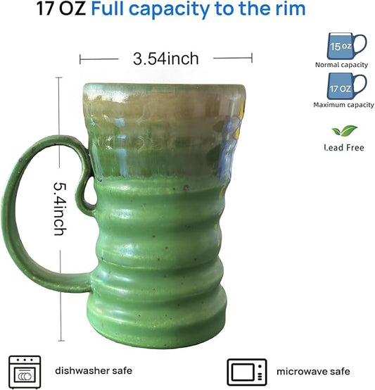 17oz Large Unique Cool Tall Handmade Ceramic Coffee Mug with Comfortable Big handle, Big Pottery Tea Mug, Artisanal Stoneware Coffee cup, Rustic Lead-free Tea Cups, Microwave safe Coffee Cup