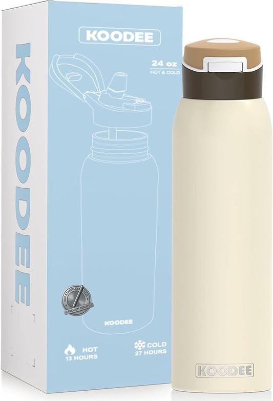 koodee 24oz Free-sip Insulated Stainless Steel Owal Water Bottles with Soft Straw,Quick Flip GO Bounce cup Thermo-flask,Pop & Fill Double-Wall Vacuum Bottle,for Sports & Travel,BPA-Free (Cream Cocoa)
