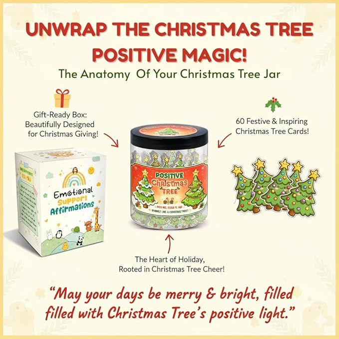 Positive Christmas Tree Jar with 60 Daily Affirmation Cards, Emotional Support Gift, Funny Holiday Decor for Home or Office, Christmas Decorations and Gifts for Women Men Teens and Coworkers