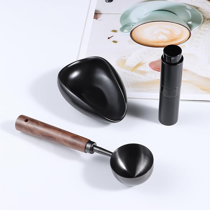 3pcs Coffee Bean Dosing Cup Set with Gift Box, Dosing Ceramic Cups Stainless Steel Spoon Portable Spray Bottle Static Reduction Precise Measuring for Espresso Tea Coffee Bar Accessories Kit