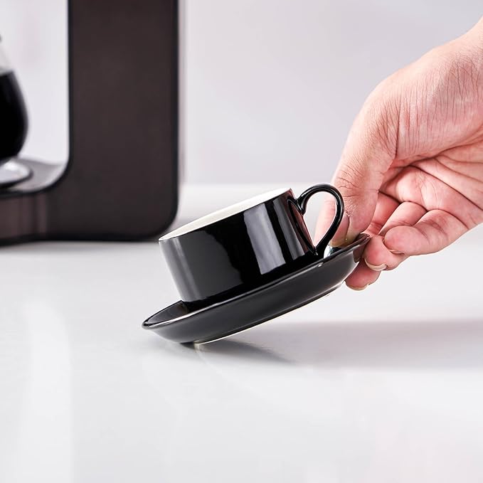 Meichu 2.5oz Porcelain Stackable Espresso Cups with Saucers and Metal Stand Set of 4, Stackable Espresso Cups Set of 4, Black Expresso Shots Cup Set for Cappuccino, Coffee Drinks, Latte, Tea