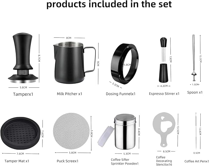 25 PCS Espresso Accessories - 58mm Coffee Tamper Set, with Tamper, WDT Tool,Stirrer, Frothing Pitcher, Latte Art Pen, Tamper Mat, Stencils for Machine, Dosing Funnel, Coffee Sifter Sprinkler Powder