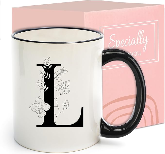 Monogram Ceramic Coffee Mugs, 11 oz Initial Drinking Cup with Gift Box, Unique Birthday Valentines Day Gifts for Women Wife Mothers Day Grandma Mom Aunt, L