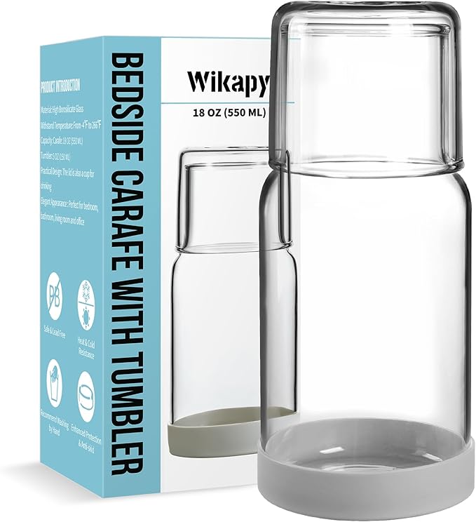 Wikapy Bedside Water Carafe and Glass Set With Silicone Coaster for Nightstand, Bedroom, 18 OZ Clear Mouthwash Dispenser for Bathroom
