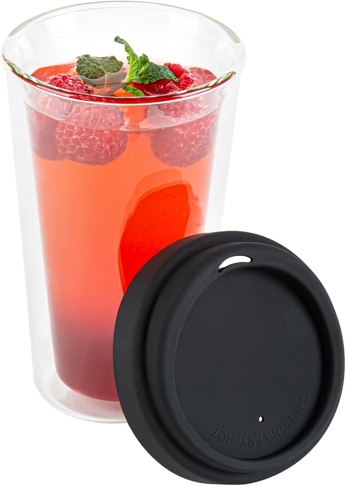 Restaurantware Glass Travel Mug 1 Count 14 Ounce Double Wall Borosilicate Reusable Coffee Cup, Spill-Resistant Black Silicone Lid, Clear Drinkware Mug for Hot and Cold Beverages