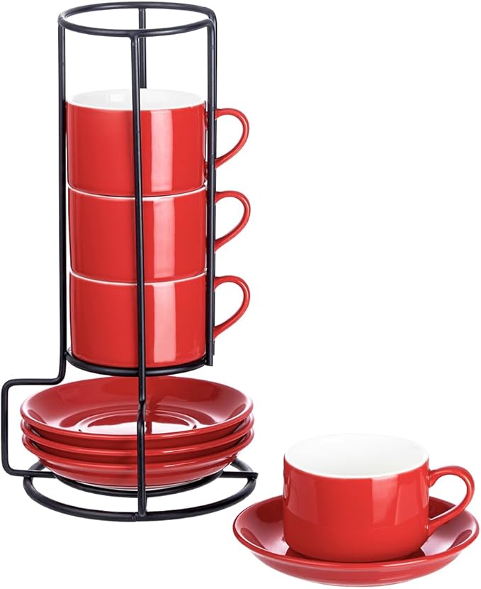 Meichu 2.5oz Porcelain Stackable Espresso Cups with Saucers and Metal Stand Set of 4, Stackable Espresso Cups Set of 4, Red Expresso Shots Cup Set for Cappuccino, Coffee Drinks, Latte, Tea