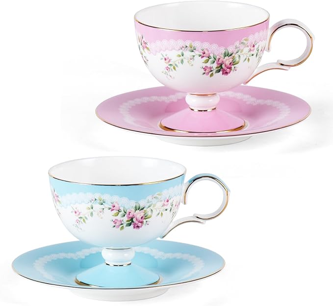 KAMMAK Ceramic Coffee Cups Saucers Set of 2, Porcelain Espresso Cups with Saucers, 6.52 oz Handmade Elegant Bone China Tea Cup, Ceramic Floral Pattern Demitasse for Latte, Americano, Cappuccino