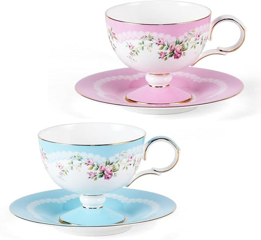 KAMMAK Ceramic Coffee Cups Saucers Set of 2, Porcelain Espresso Cups with Saucers, 6.52 oz Handmade Elegant Bone China Tea Cup, Ceramic Floral Pattern Demitasse for Latte, Americano, Cappuccino