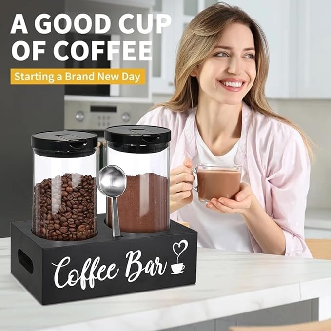 Glass Coffee Containers with Shelf & Scoop, 2 Pcs 48OZ Coffee Storage Jars with Airtight Lid for Coffee Beans, Coffee Powder, Nuts, Snack, Sugar, Tea, Black
