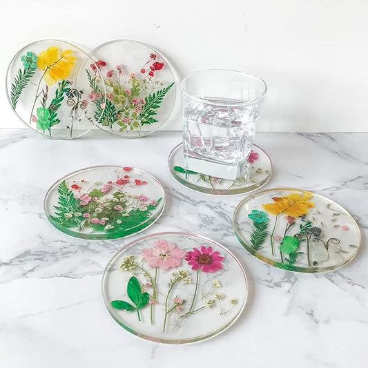 Floral Coasters for Drinks: Handmade Resin Coasters Tabletop Protection Cup Mat Round Coaster Set with Real Flower for Women Coffee Table Home Decor （Set of 6）