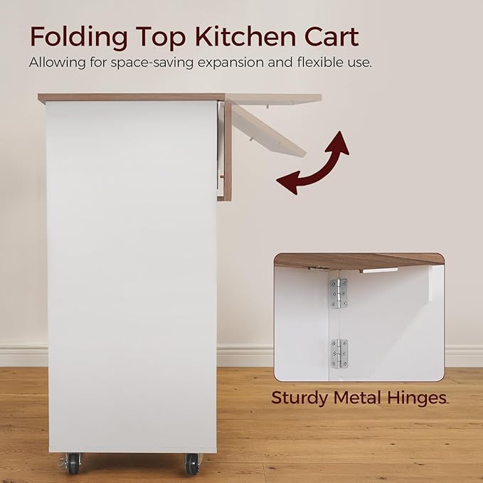 Kitchen Island on Wheels with Drop Leaf, Folding Countertop Kitchen Island Cart, Kitchen Island Table with Towel Rack, Drawer, for Kitchen, Dining Room, White and Walnut KIBZ12501