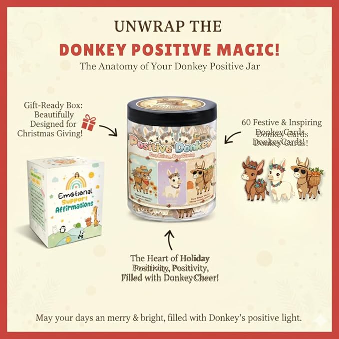 Positive Donkey Christmas Jar, Funny Emotional Support Gift for Men and Women, Christmas Gifts for Coworkers Teachers and Bosses, Holiday Motivation Home Office Decor