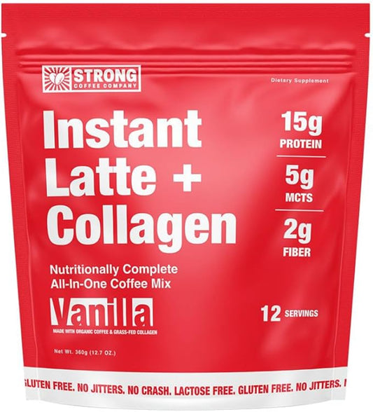 Strong Coffee Co. Vanilla Instant Latte | Organic Coffee with 15g Collagen Protein | Lion’s Mane & L-Theanine | Nootropic Instant Coffee | 12 Serving
