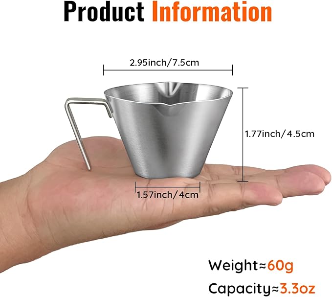 YARRAMATE 10 Pcs Stainless Steel Espresso Cups with Handle, Double Spout Metal Measuring Cup with Dual Scale, Espresso Shot cup with V-Shaped Mouth, 3.4OZ/100ML(Silver)