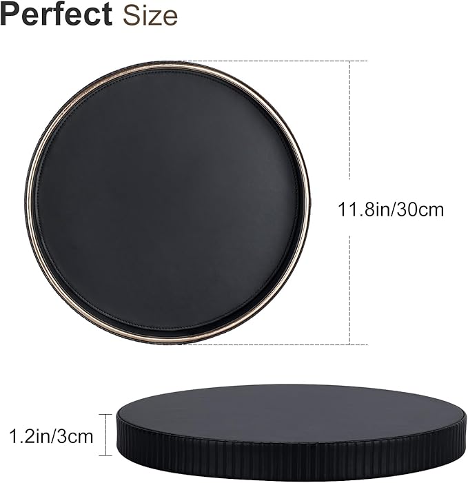 KINGFOM Round Decorative Tray for Coffee Table, PU Leather Valet Nightstand Desk Organizer for Men Women, Golden Trim Tray for Home Decor Living Room Dining Table, Perfume Trays Organizer Black