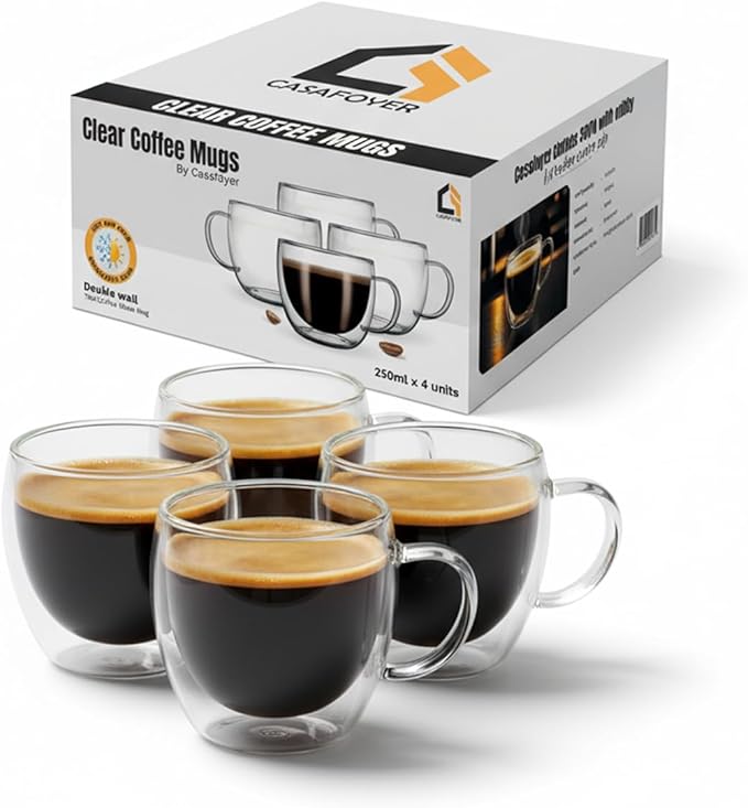 Double Walled Coffee Cups Glasses Mugs 9oz Set of 4 | Heat Resistant Borosilicate Clear Glass Espresso Latte Cappuccino Tea Cups with Handle | Insulated Glass Coffee Mugs Ideal for Gifting