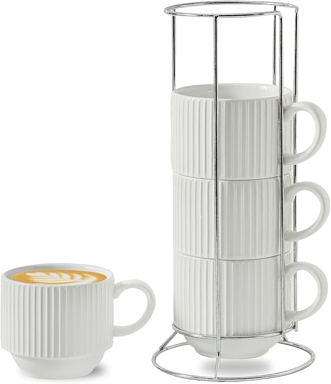 HASENSE Coffee Cups Set of 4 with Stand, 15 OZ Stackable Coffee Mugs with Handle for Tea, Cocoa, Cappuccino, Latte and Americano, Porcelain Vertical Stripe Coffee Cups for Men and Women, Pure White