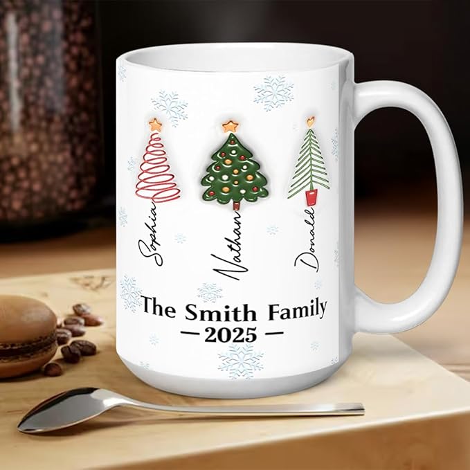 Joymade Personalized Ceramic Coffee Mug, Funny Custom Mug for Bestie, Friends, Couple, Coworker, Snowman Lovers (Family Christmas Tree Names)