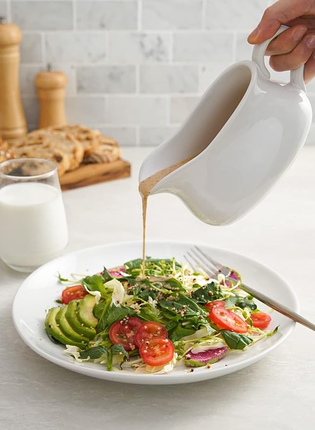 LE TAUCI 17oz Gravy Boat with Saucer Stand, Set of 1, Ceramic Sauce Boat with Tray for Salad Dressings, Creamer, Broth, Black Pepper, White