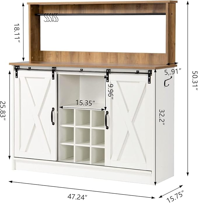 4ever2buy Farmhouse Coffee Bar Cabinet with Hutch, 47 Inch Buffet Cabinet with Storage, White Wine Bar with 9 Wine Racks and 6 Hooks, Coffee Bar Table with Adjustable Shelves for Living Dining Room