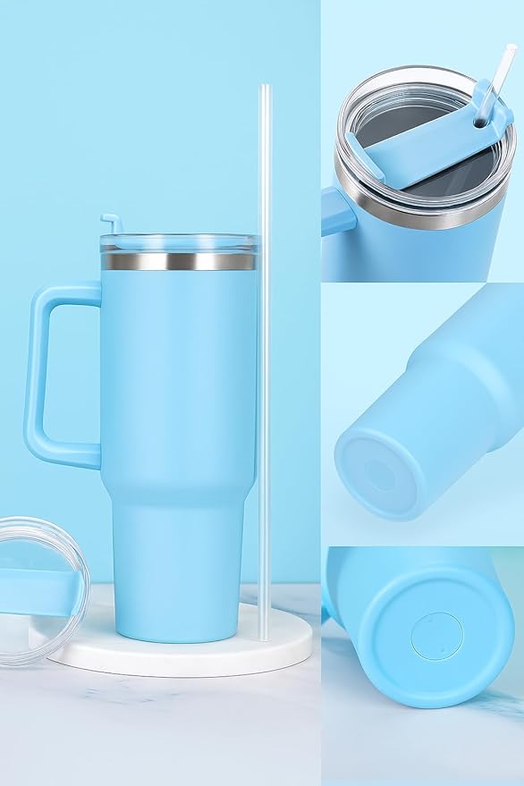 The FaarSky 40 oz Insulated Travel tumbler with lid and straw, 12 Hours Hot & Cold, Vacuum Insulated Stainless Steel, Leak-Proof Lid, (Light Blue)