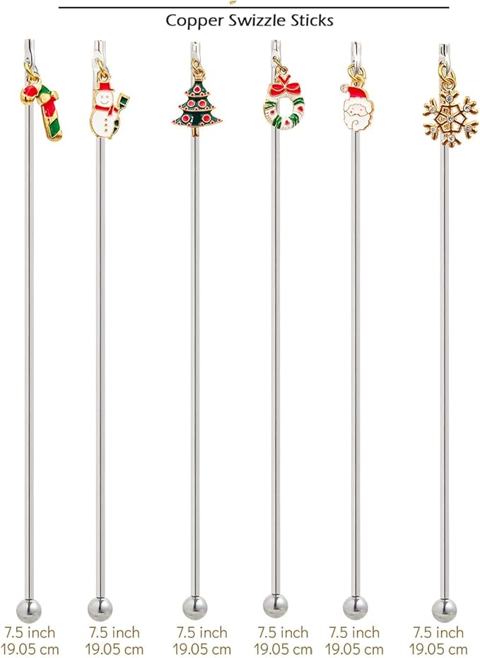 6Pcs Chrismas Charms Cocktail Stirrers Swizzle Sticks Stainless Steel 7.5" Coffee Beverage Stir Sticks for Mixing Cocktail, Hot Cocoa, Creamer