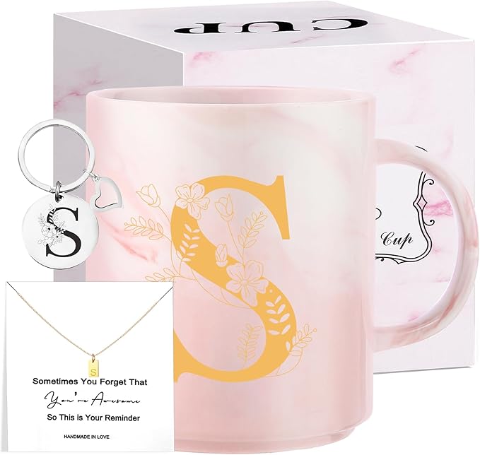 Monogrammed Christmas Gifts for Women, 11 oz Initial Ceramic Coffee Tea Mug with Necklace, Unique Birthday Gift for Her Wife Teacher Friend Mom, S