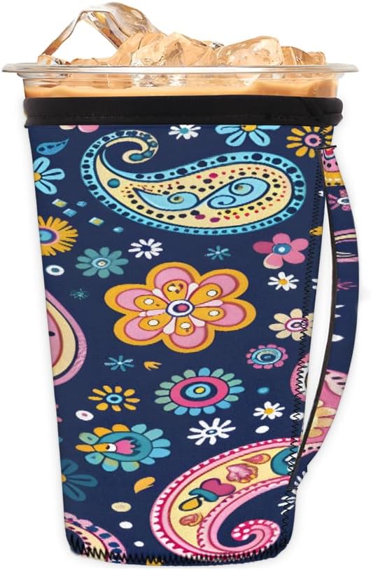 Reusable Iced Coffee Cup Sleeve Paisley Neoprene Insulated Sleeves Cup Holder with handle Idea for 16oz - 18oz