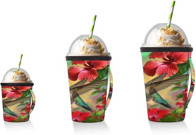 Reusable Iced Coffee Sleeve with Handle, Bird Hummingbird Neoprene Cup Sleeve Spring Flower Insulator Cup Holder for Cold Drinks Beverages 24oz - 28oz