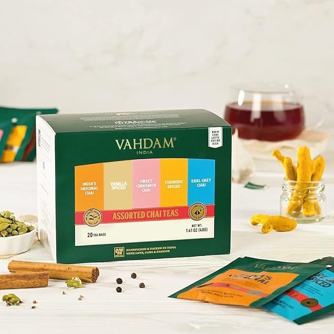 VAHDAM, Assorted Chai Tea Bags Sampler (5 Flavors, 20 Ecofriendly Pyramid Teabags) I Valentines Day Gifts for Him & Her | Masala Chai Teas Varieties from India | Gluten Free & Non GMO