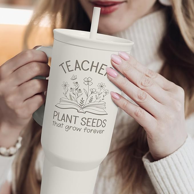 Teacher Appreciation Gift – 40oz Stainless Steel Insulated Tumbler with Handle and Straw - Teacher Nutrition Facts Travel Coffee Mug Cup for Women Back to School Birthday Christmas