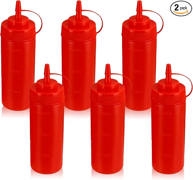 Squeeze Bottles for Sauces,Leak-Proof Condiment Dispenser, BPA-Free Kitchen Restaurant Squeeze Bottle Set with Wide Mouth for Ketchup, Mustard,Syrup,Dressings (Red, 6Pack-12oz(300ml))