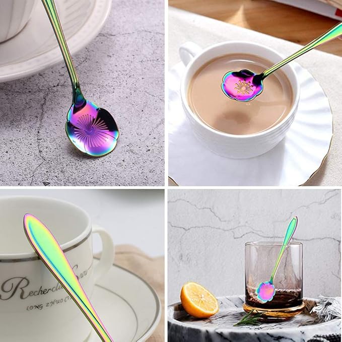 Stainless Steel Tableware Creative Flower Coffee, Sugar, Stir, Mix, Stir Bar, Tea, Cake, Sugar, Dessert Ice Cream Spoon Set of 8, Rainbow