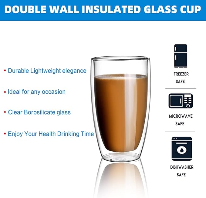 CNGLASS Double Wall Thermo Glass Cup 13.5 oz,Insulated Glass Coffee Set of 2