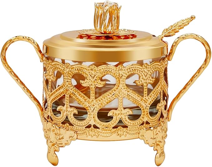 Flylin Sugar Bowl, Turkish Sugar Bowl Sugar with Sugar Spoon and Lid Dual Holder Bowl Condiment Pot Spice Glass Jar Coffee Bar Accessories Sugar Container for Home and Kitchen